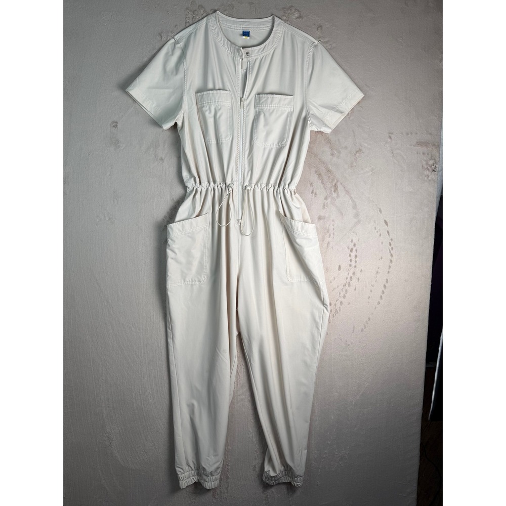 Old Navy StretchTech Jumpsuit Womens Large Beige Short Sleeve Utility Jogger Zip